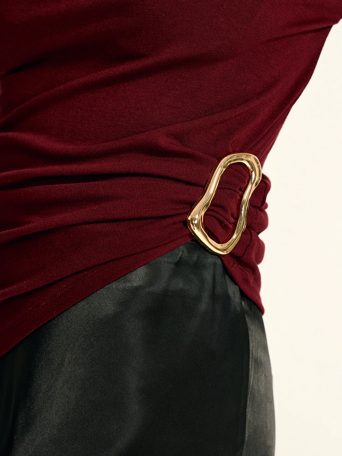 Metal Buckle Asymmetric Mock Neck Blouse - Wholesalesil