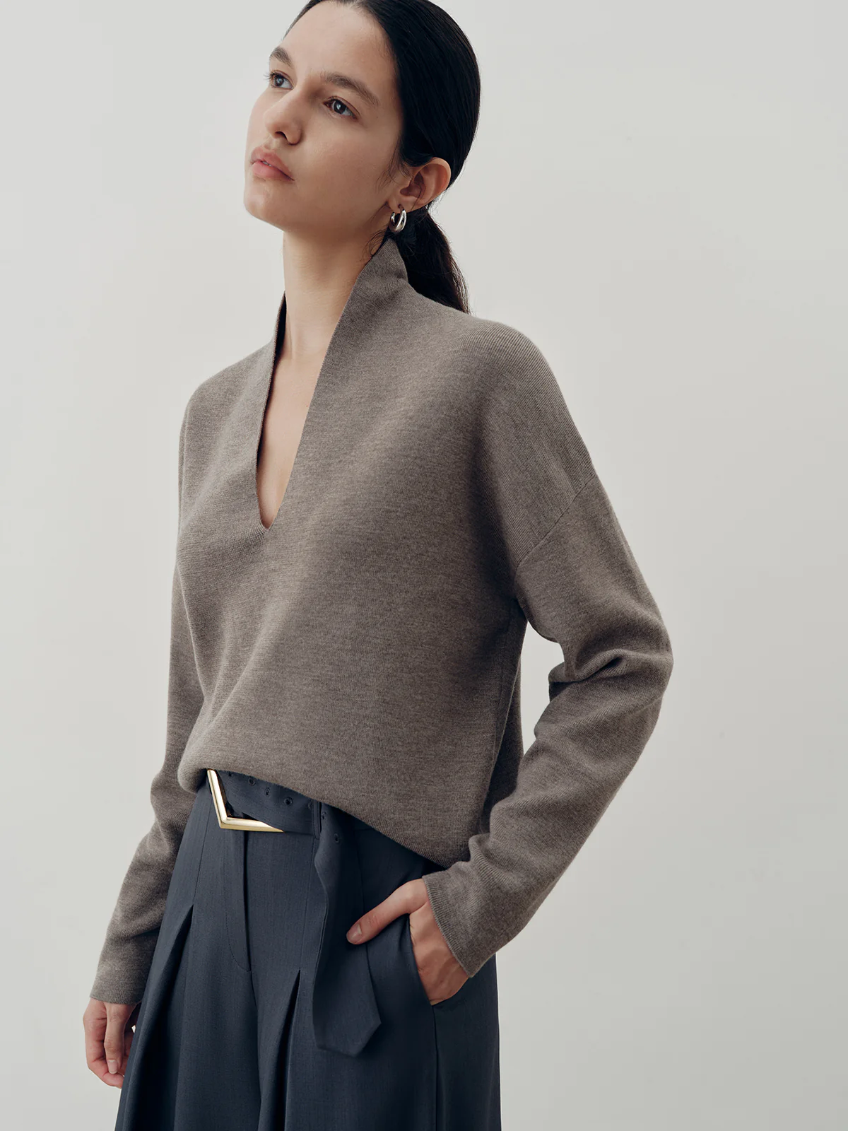 Wool-Blend Deep V-Neck Sweater - Wholesalesil