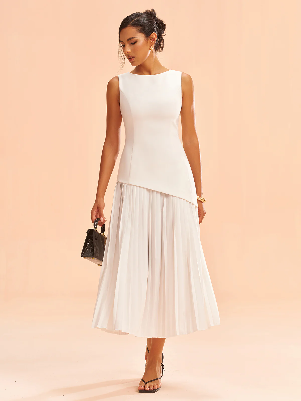 Sleeveless Asymmetric Pleated Midi Dress - Wholesalesil