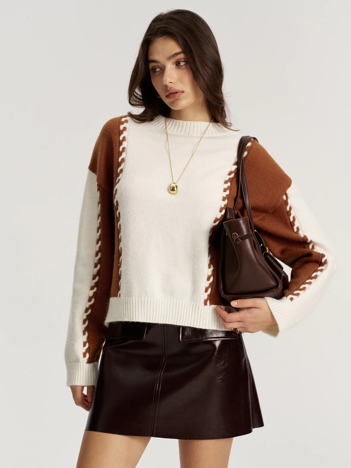 Braided Trim Two-Tone Sweater - Wholesalesil