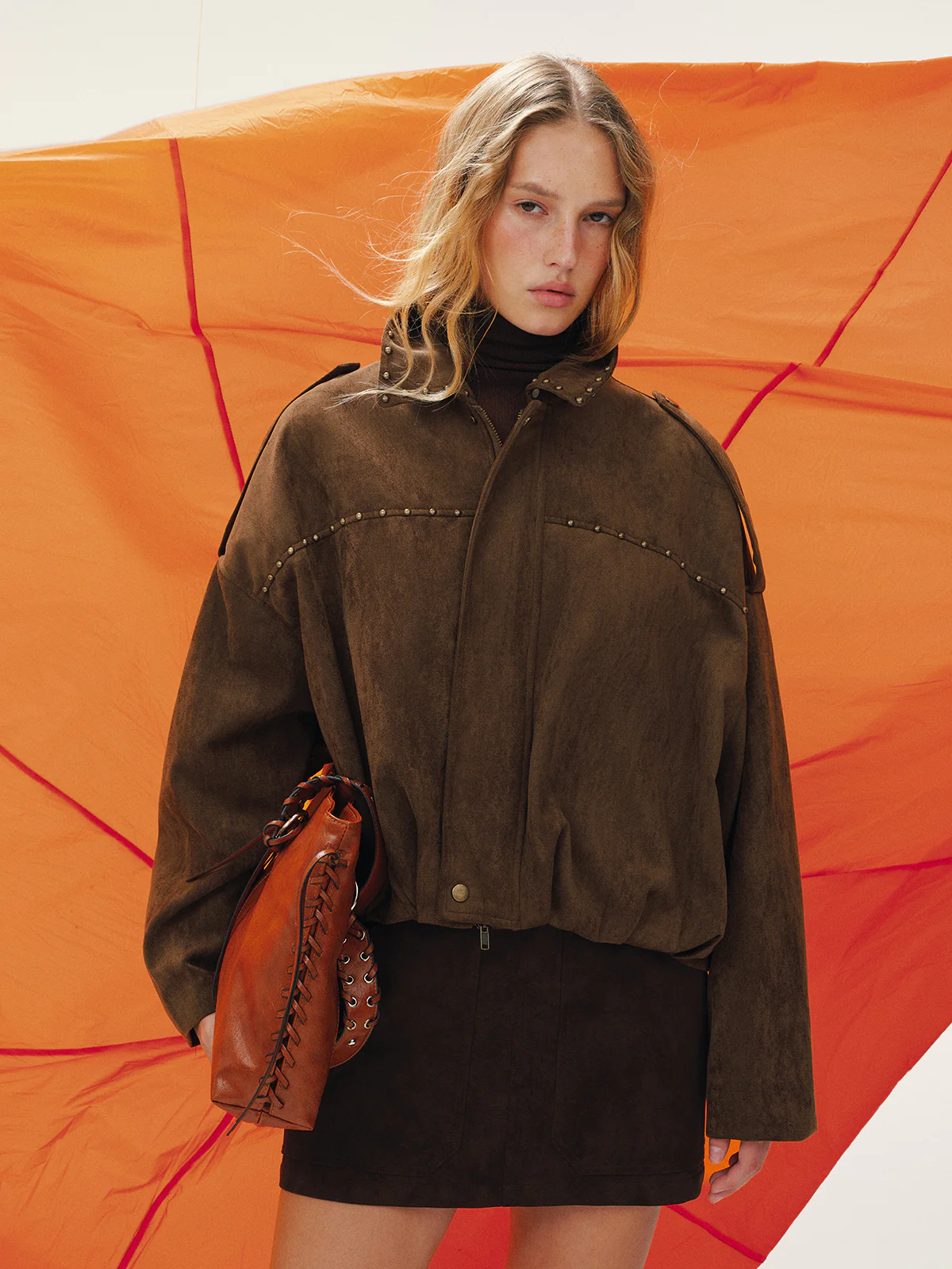 Vintage Suede Effect Studded Bomber Jacket - Wholesalesil