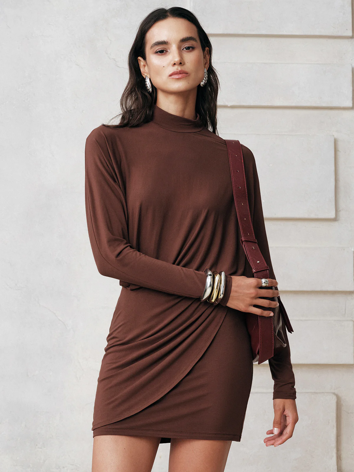 High-Neck Draped Batwing Sleeve Mini Dress - Wholesalesil