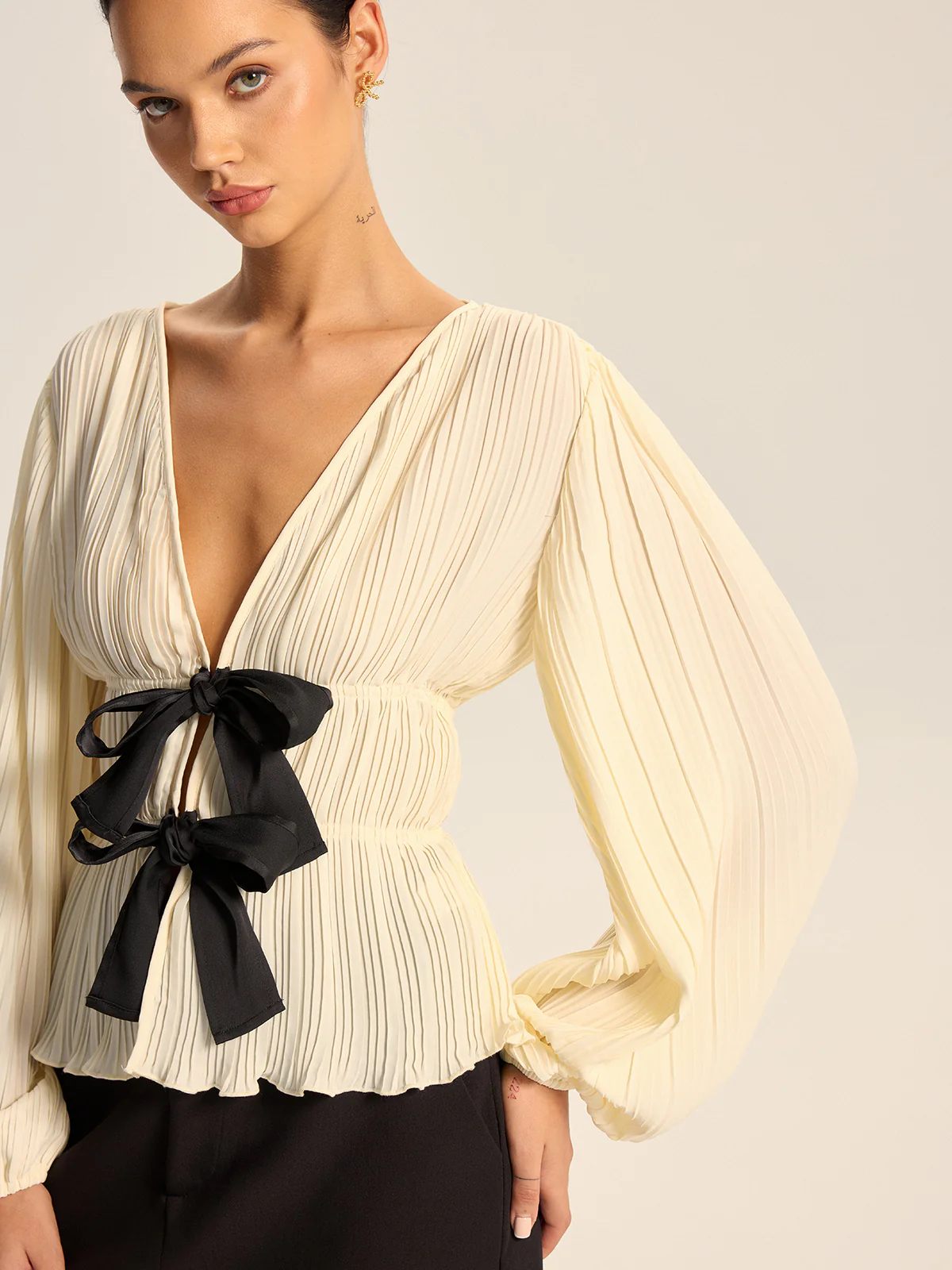 Pleated V-Neck Bow Blouse - Wholesalesil