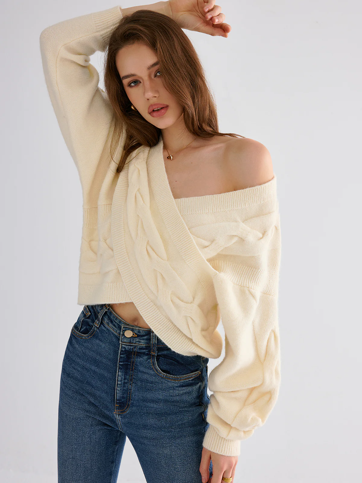 Cable Knit Cross-Front V-Neck Sweater - Wholesalesil