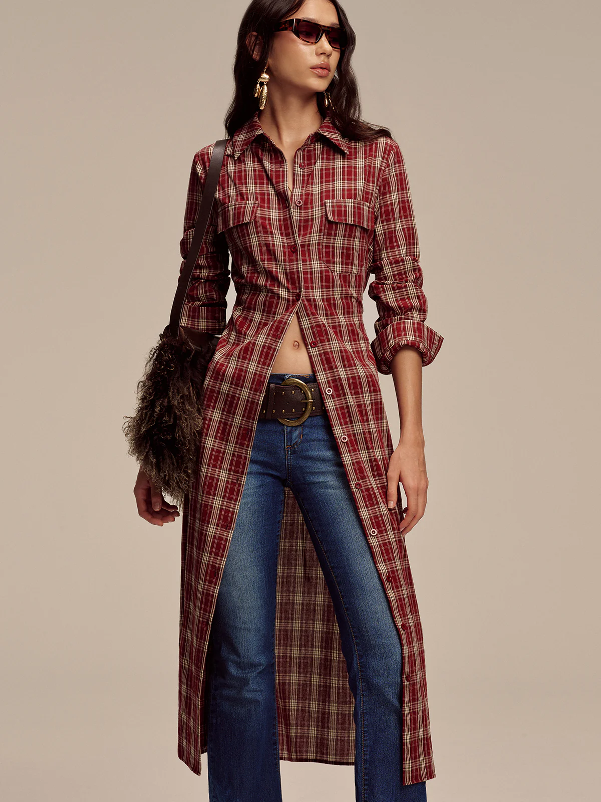 Plaid Button Front Shirt Dress - Wholesalesil
