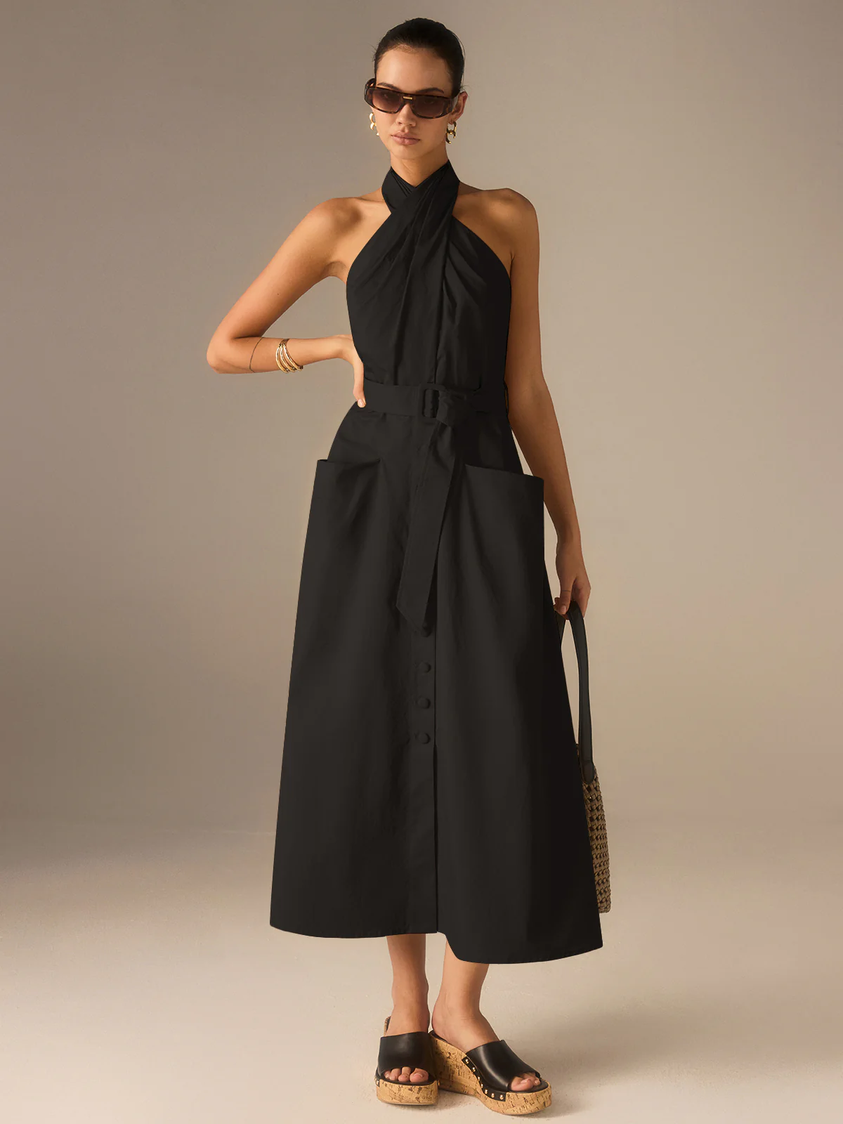 Cotton Pleated Halter Neck Belted Midi Dress - Wholesalesil