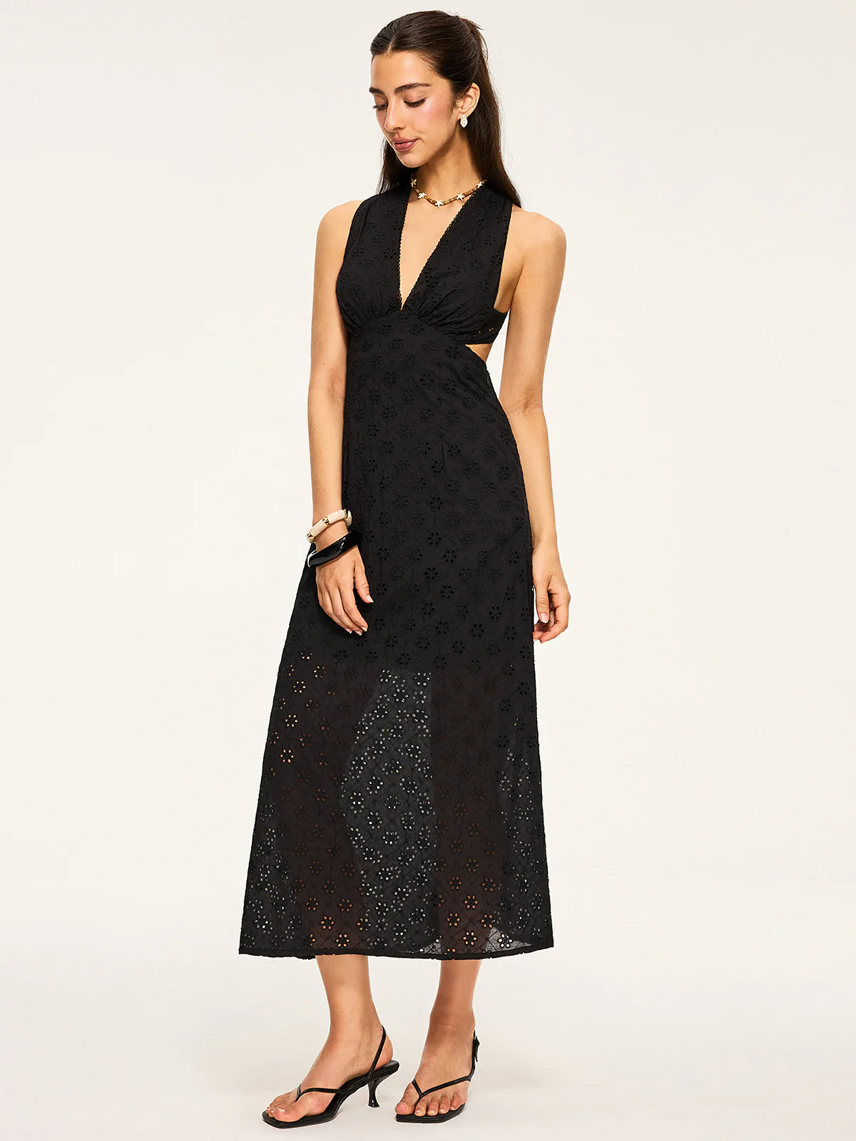 Semi-Sheer Eyelet Backless Criss-Cross Midi Dress - Wholesalesil