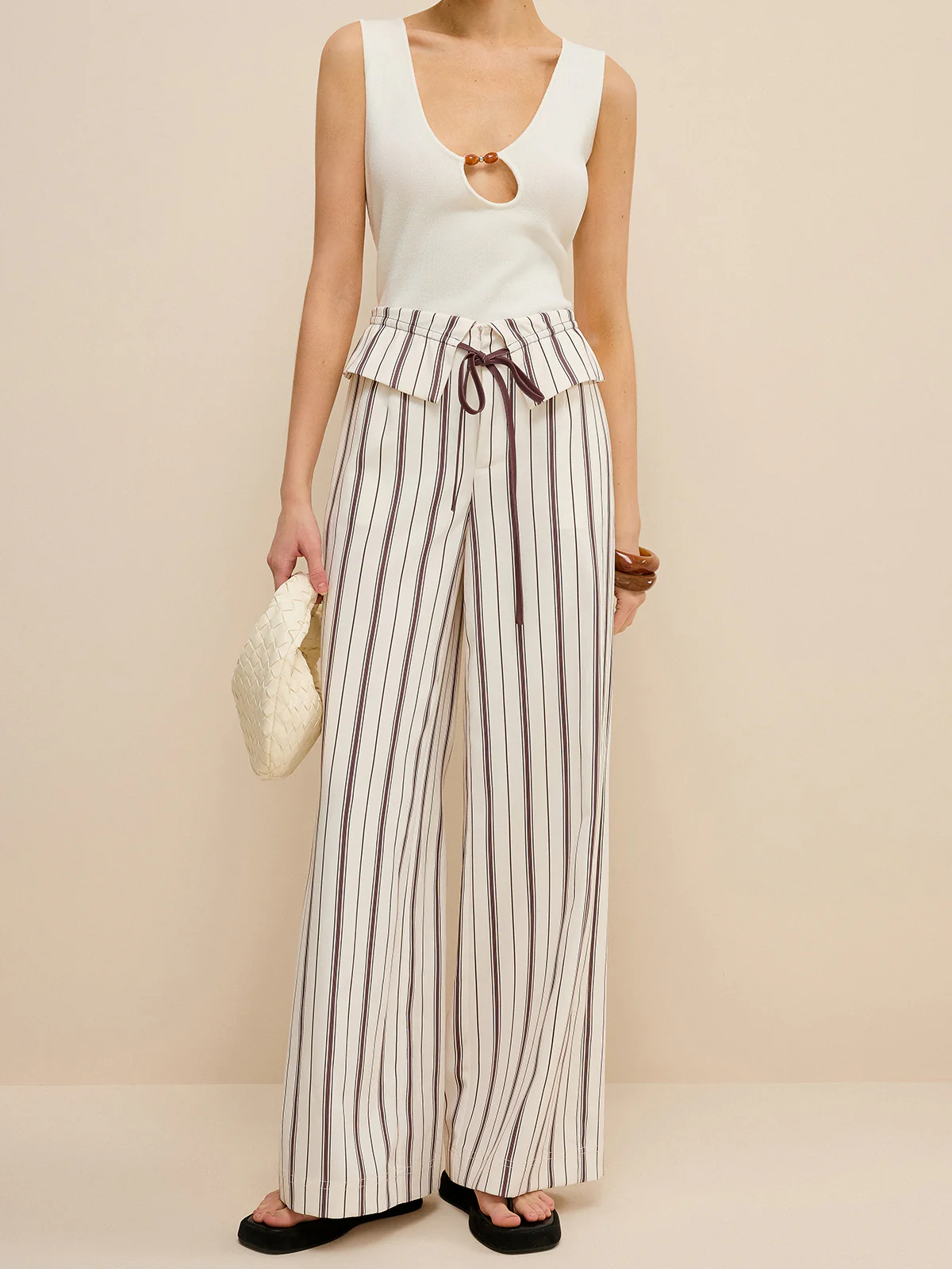 Striped Wide-Leg Pants with Peplum Waist - Wholesalesil
