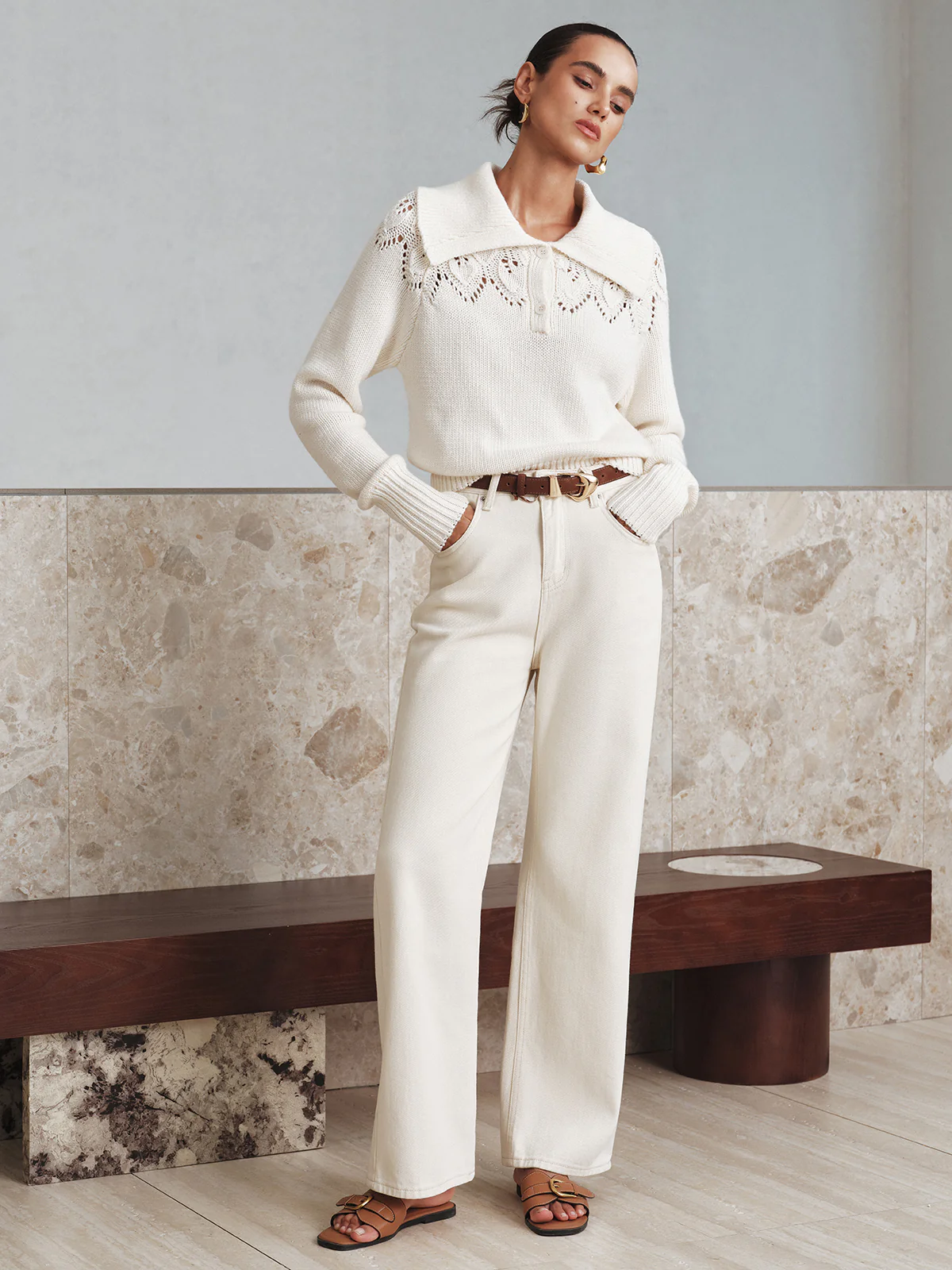 Eyelet Collared Knit Sweater - Wholesalesil