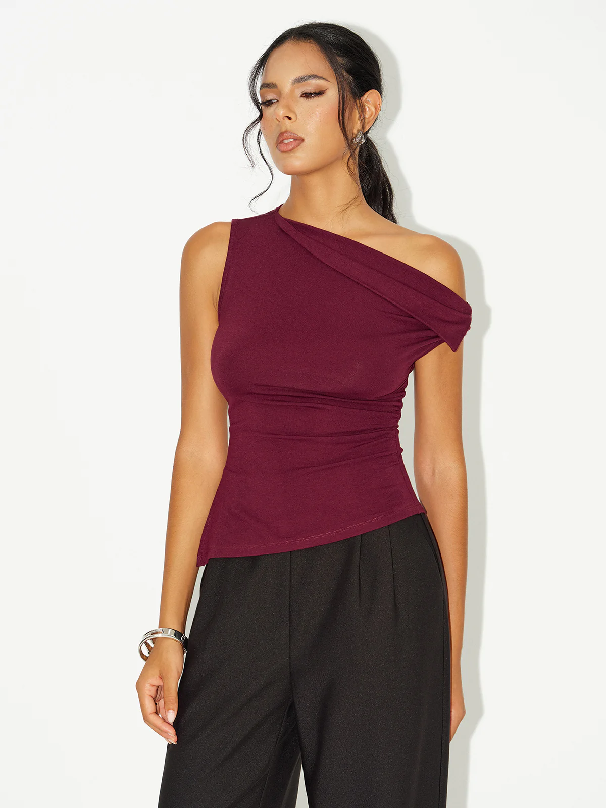 Asymmetric Off-Shoulder Ruched T-Shirt - Wholesalesil
