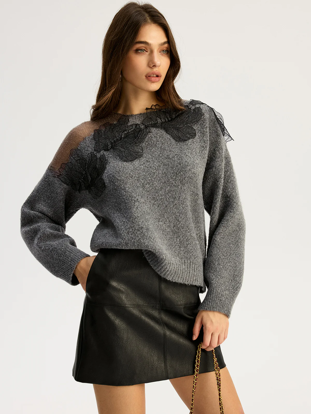 Floral lace Sweater Semi Sheer Round Neck Sweater - Wholesalesil