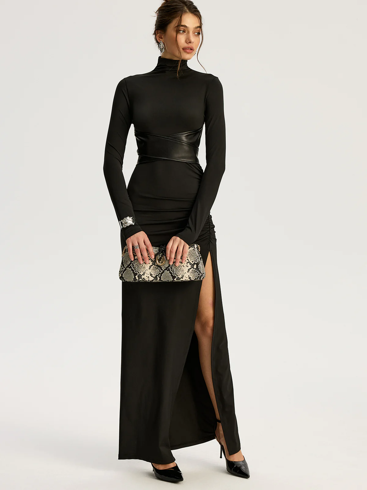 Belted High-Slit Turtleneck Maxi Dress - Wholesalesil