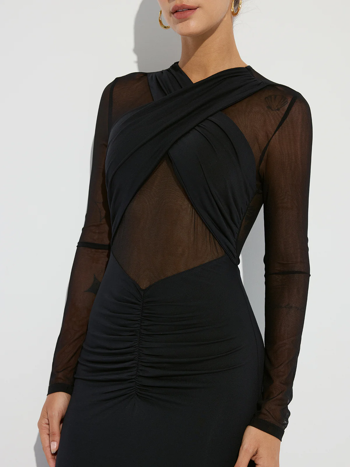 Cross-Front Ruched Mesh Paneled Maxi Dress - Wholesalesil