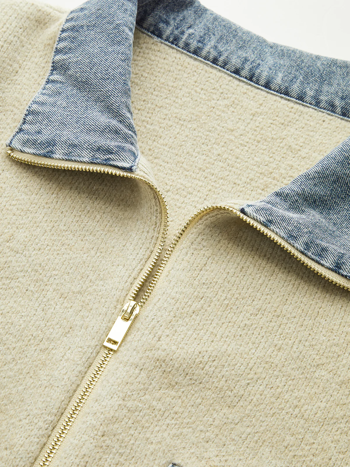 Denim Panel Zipper-Front Knit Cardigan - Wholesalesil