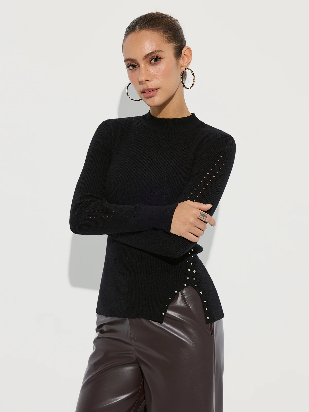 Studded Side Slit Knit Sweater - Wholesalesil