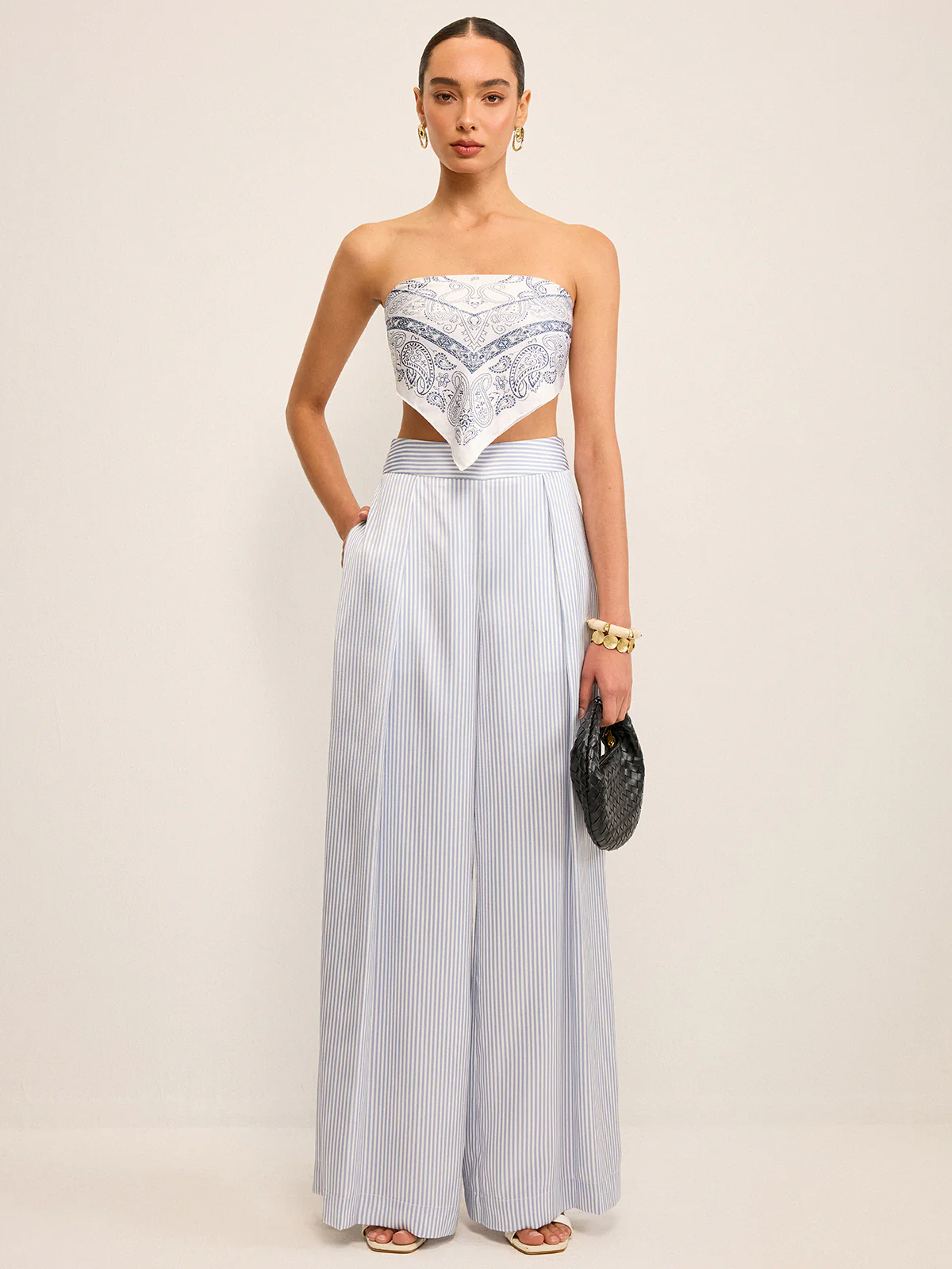 Mid-Waisted Striped Wide-Leg Pants - Wholesalesil