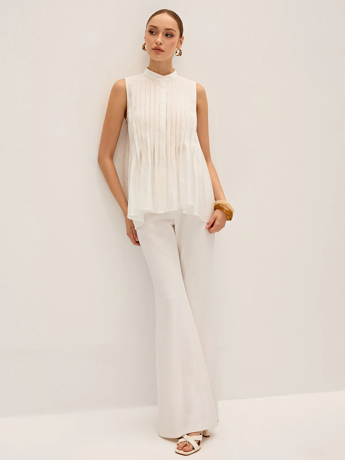 Semi-Sheer Pleated Mock Neck Blouse - Wholesalesil