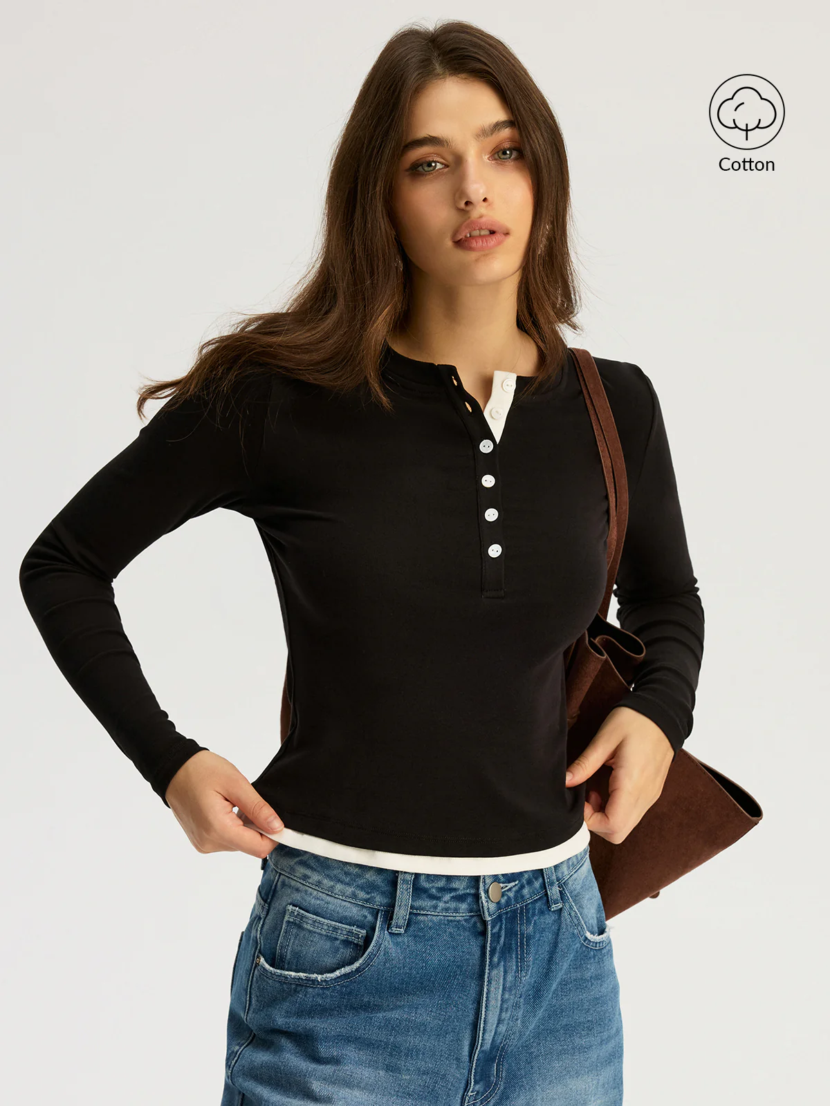 Contrast Trim Cotton Blend Long Sleeve Top - Wholesalesil