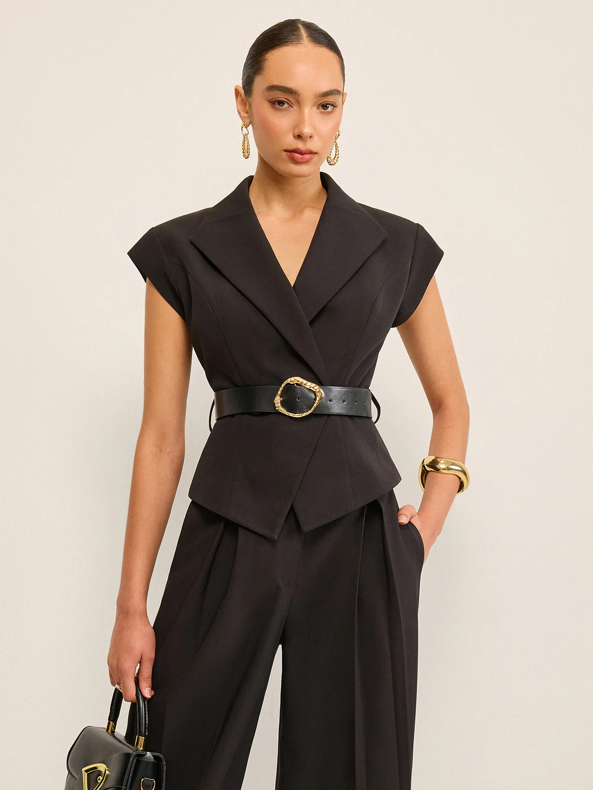 Belted Peplum Vest with Metal Buckle Detail - Wholesalesil