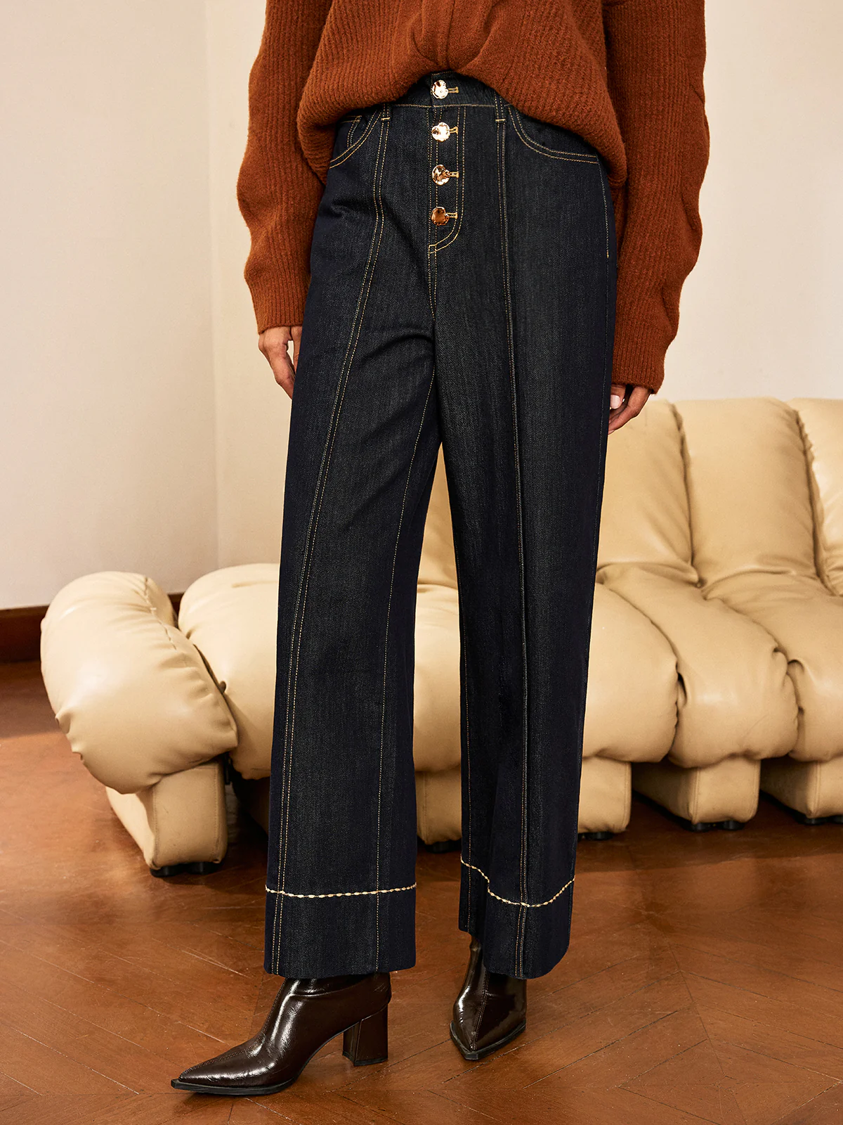 High-Waist Button Wide-Leg Denim Pants - Wholesalesil