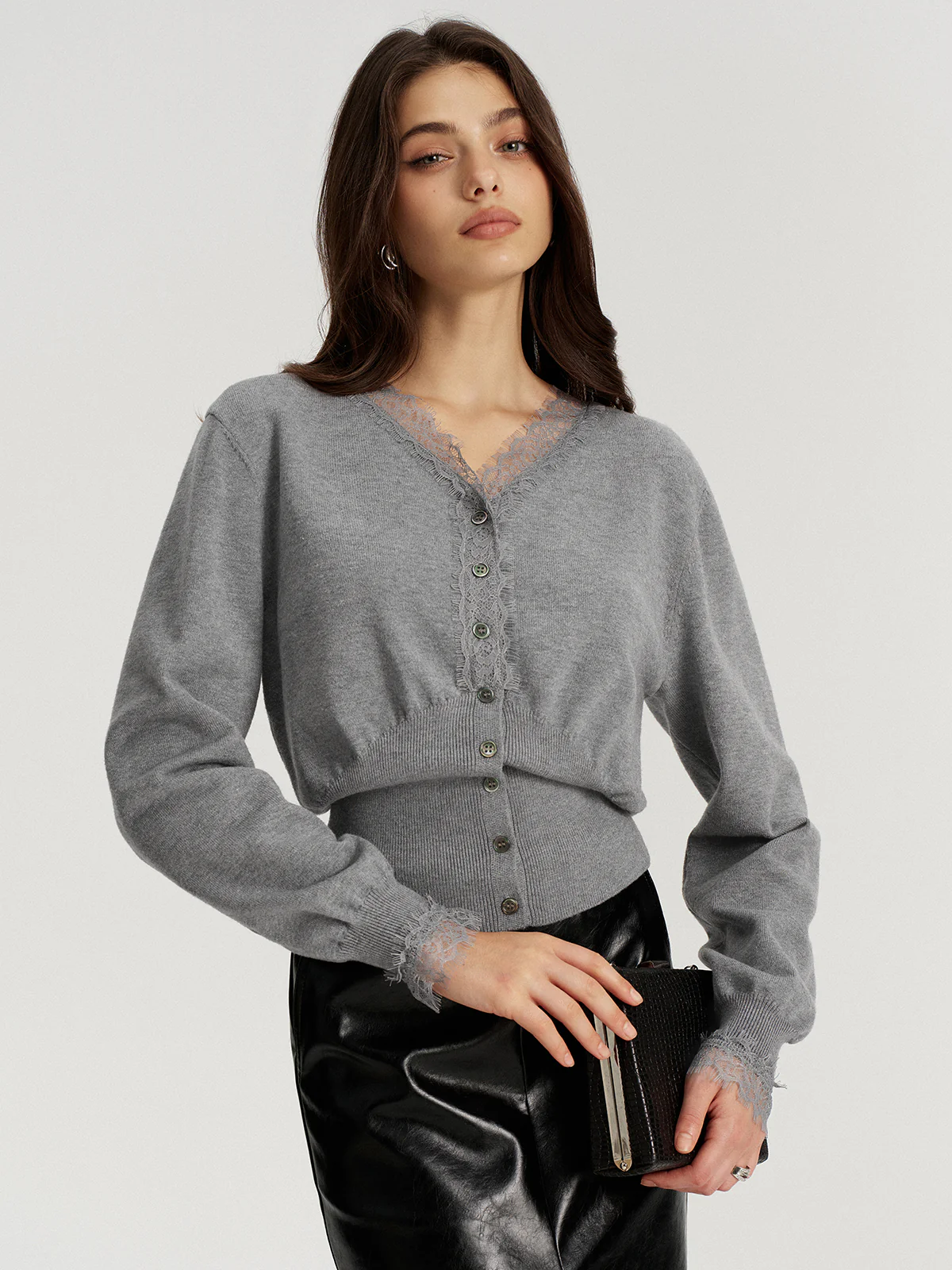 Lace Trim V-Neck Knit Cardigan - Wholesalesil
