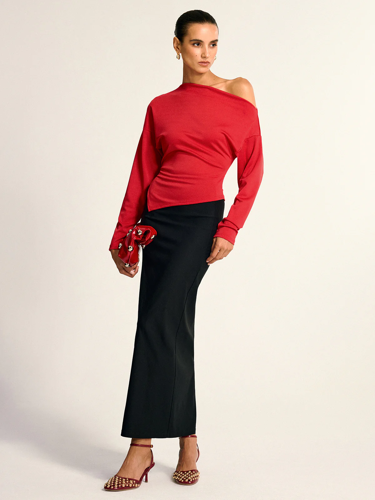 Asymmetric Off-Shoulder Split Long Sleeve Blouse - Wholesalesil