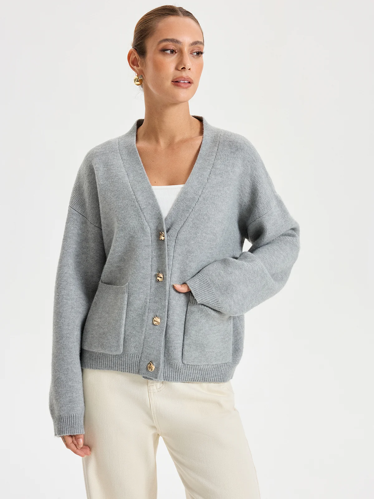 V-Neck Pocketed Metal Button Cardigan - Wholesalesil