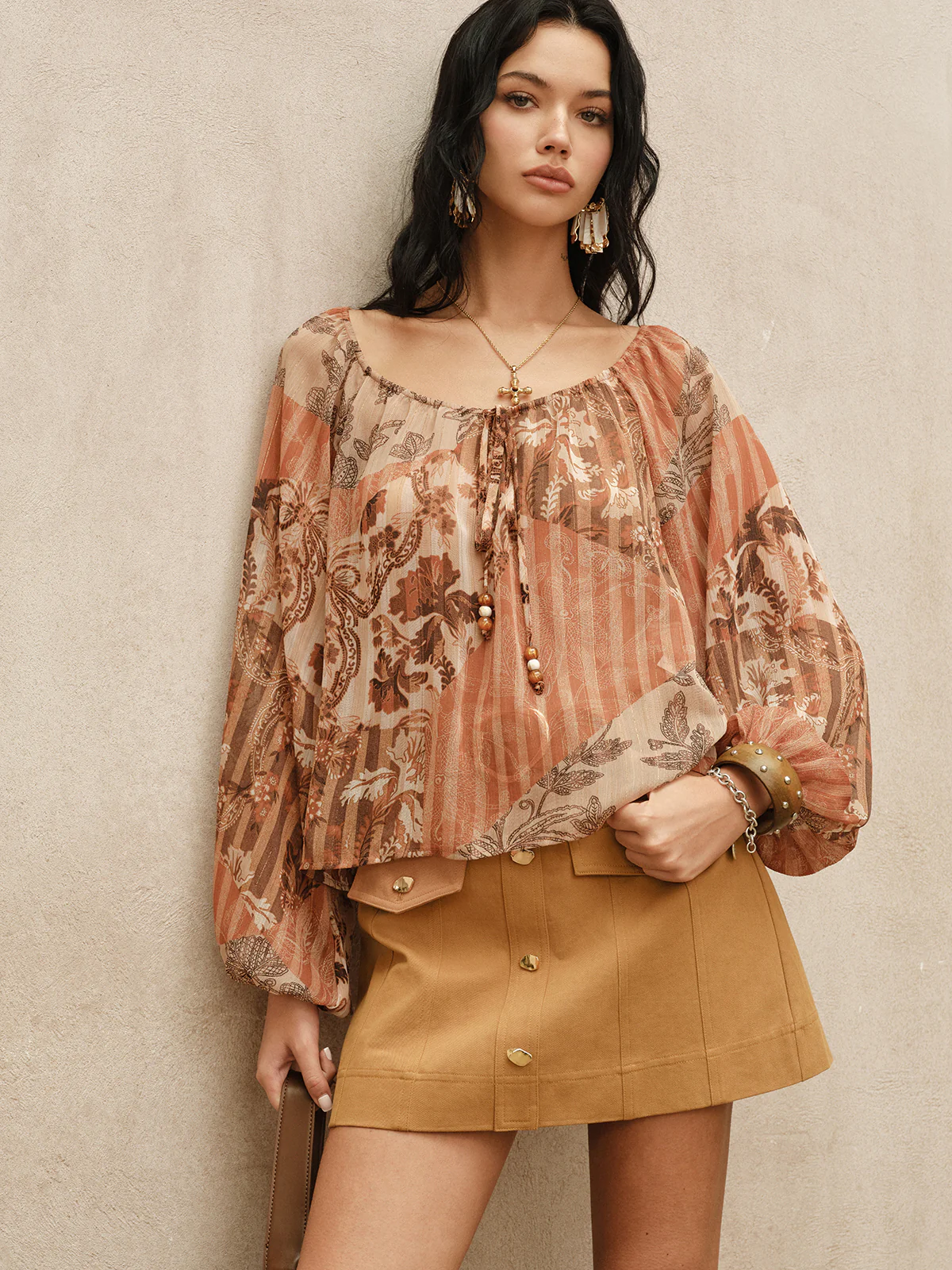 Boho Print Semi-Sheer Chiffon Tie-Front Blouse - Wholesalesil