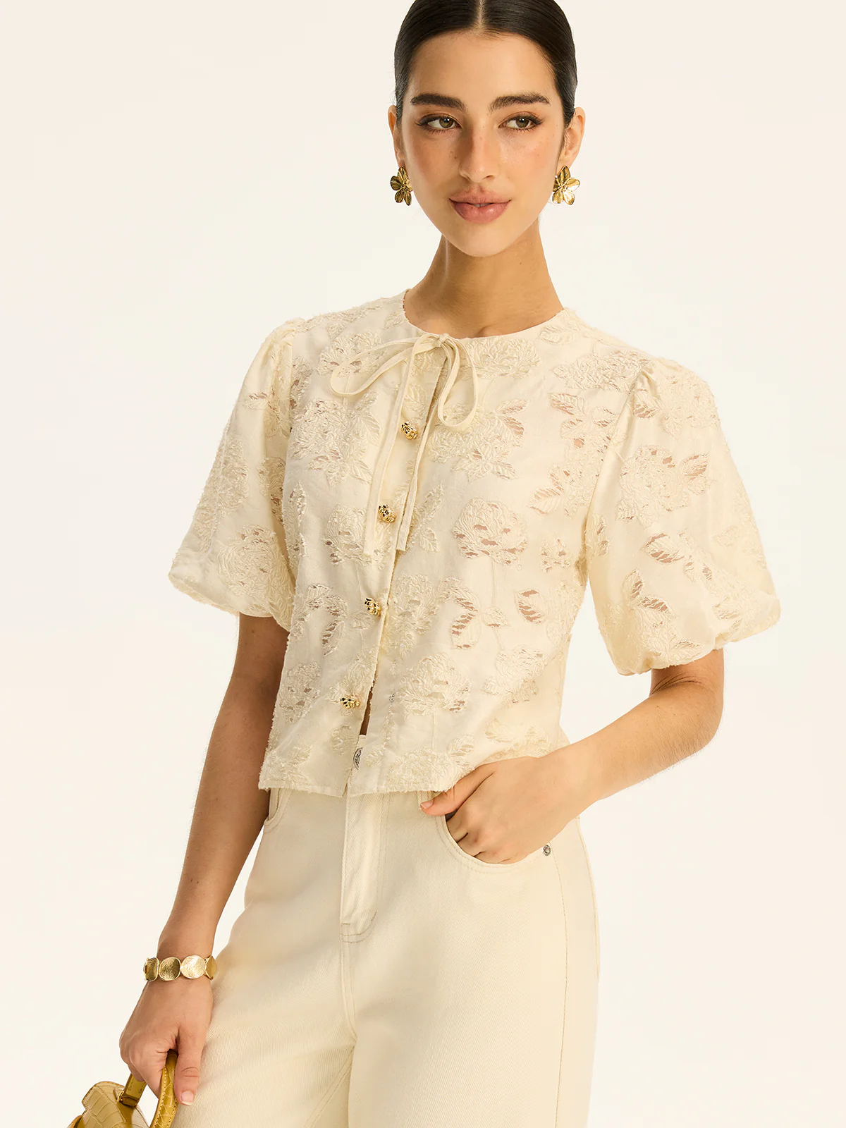 Semi-Sheer Jacquard Metal Button Cotton-Blend Top - Wholesalesil