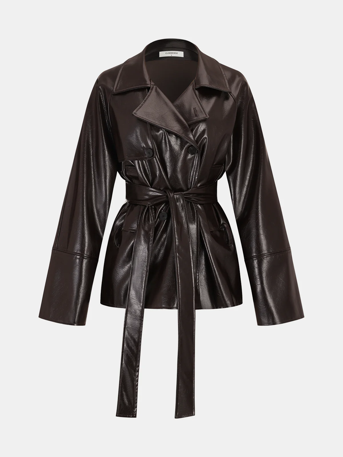 Belted Faux Leather Trench Coat - Wholesalesil
