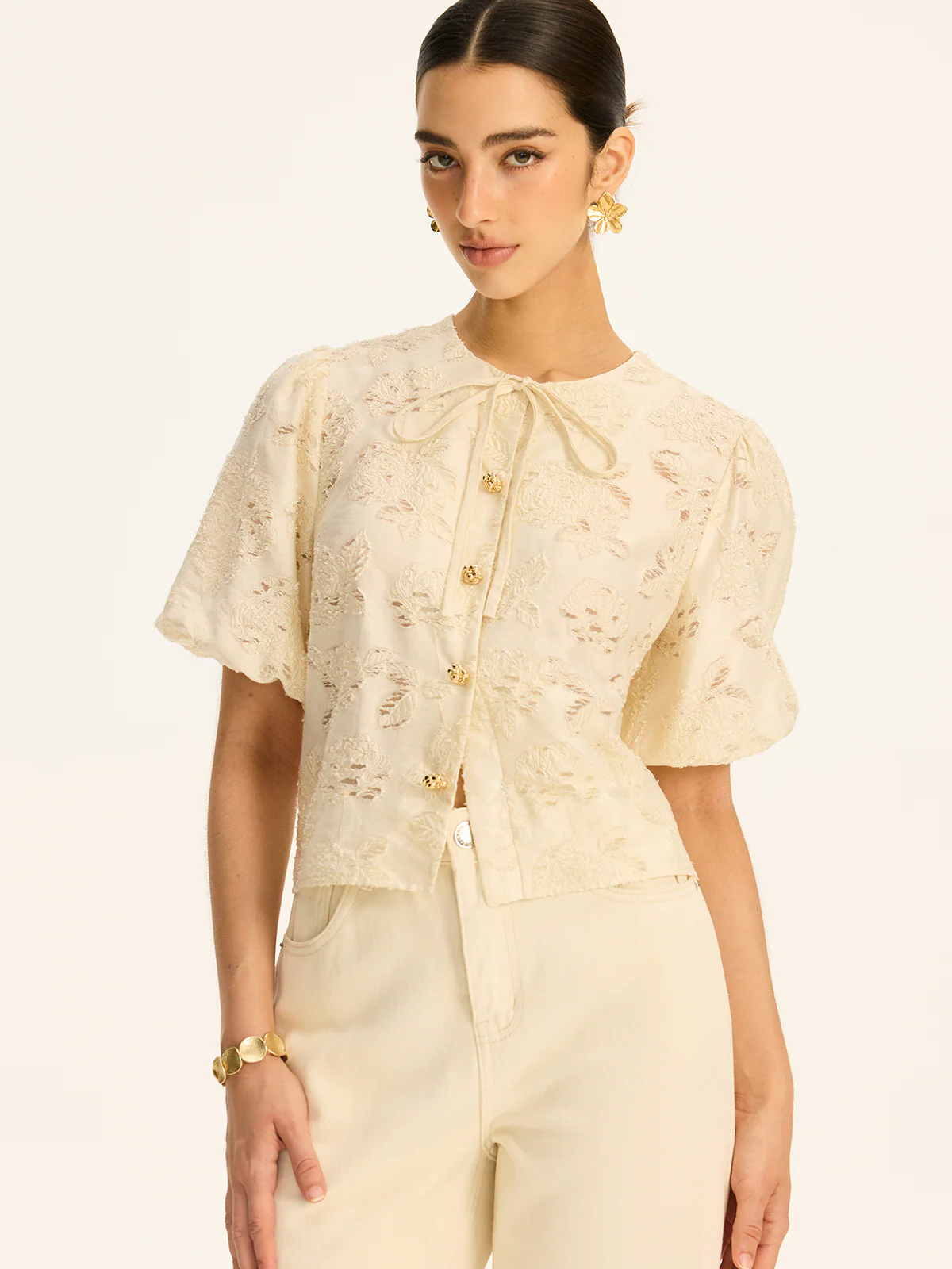 Semi-Sheer Jacquard Metal Button Cotton-Blend Top - Wholesalesil