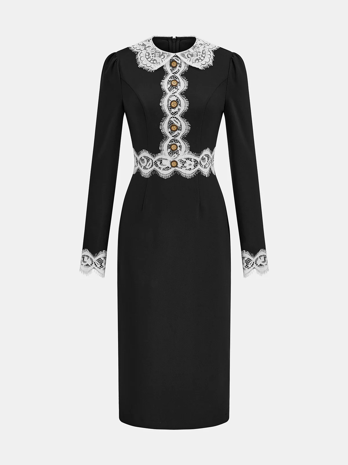 Lace Paneled Collared Long Sleeve Midi Dress - Wholesalesil