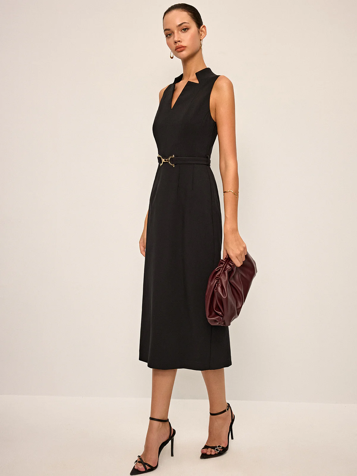 Sleeveless V-Neck Belted Midi Dress - Wholesalesil