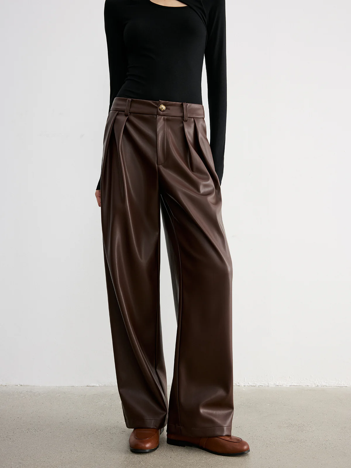 Mid-Waist Faux Leather Wide-Leg Pants - Wholesalesil