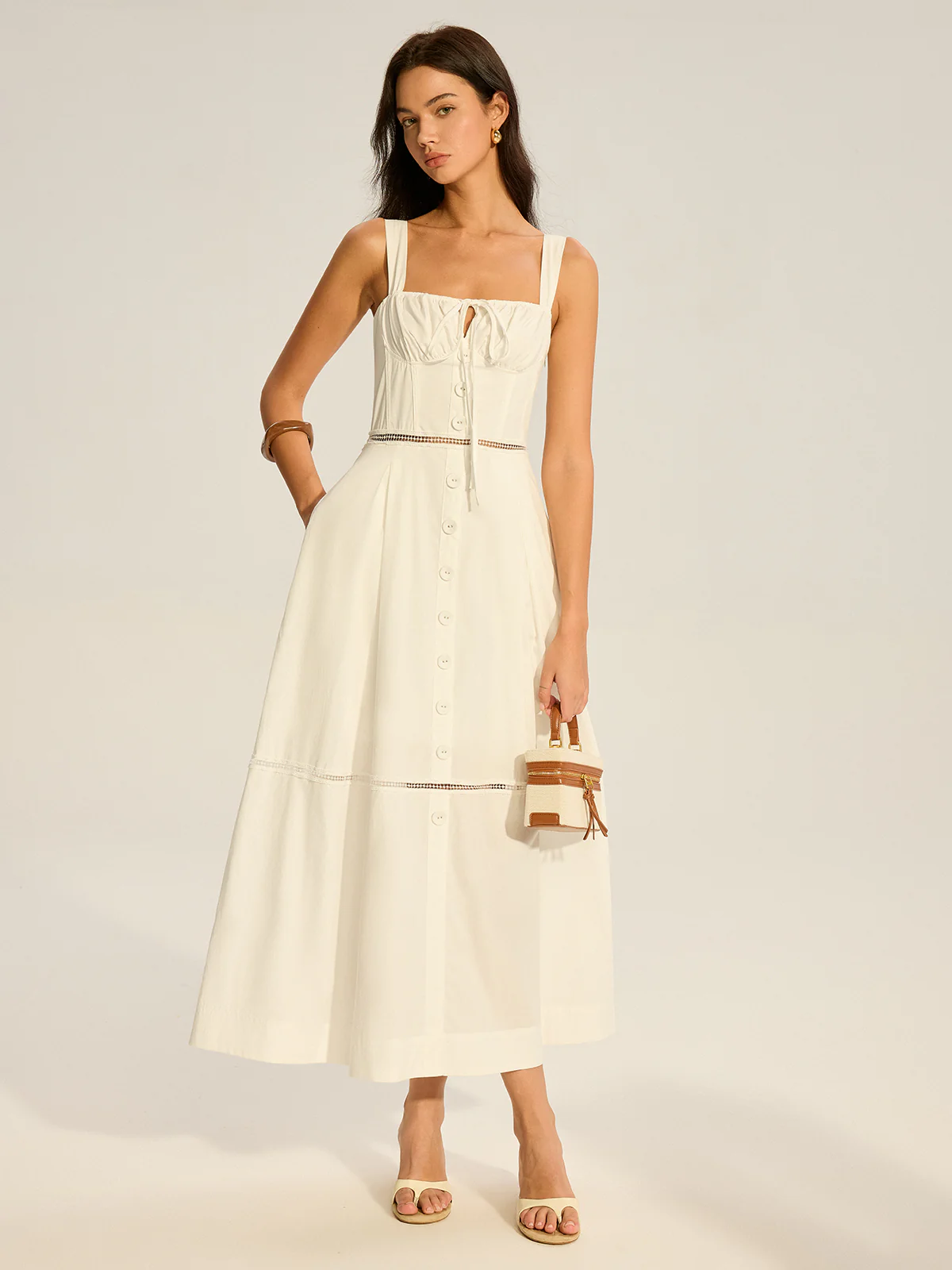 Lace Paneled Back-Tie Cotton Maxi Dress - Wholesalesil