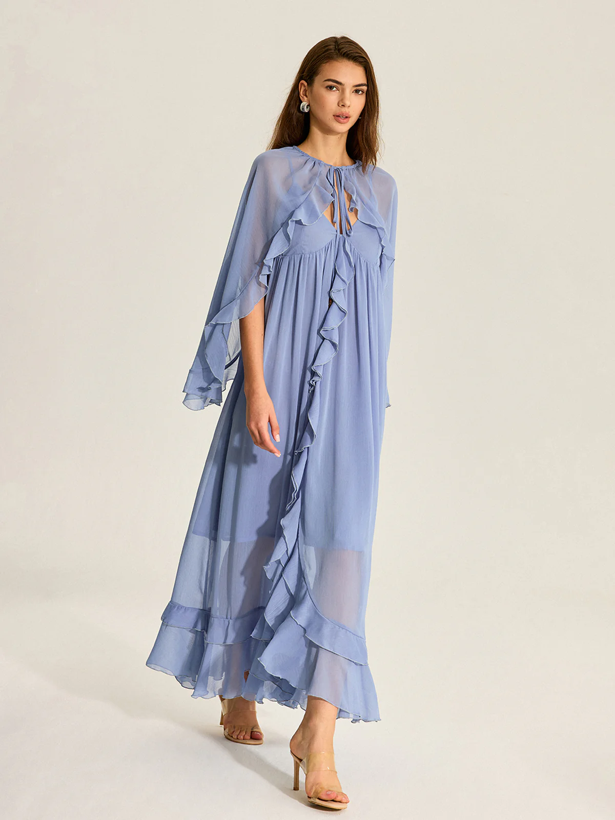Semi-Sheer Cape Two-Piece Ruffled Chiffon Dress - Wholesalesil