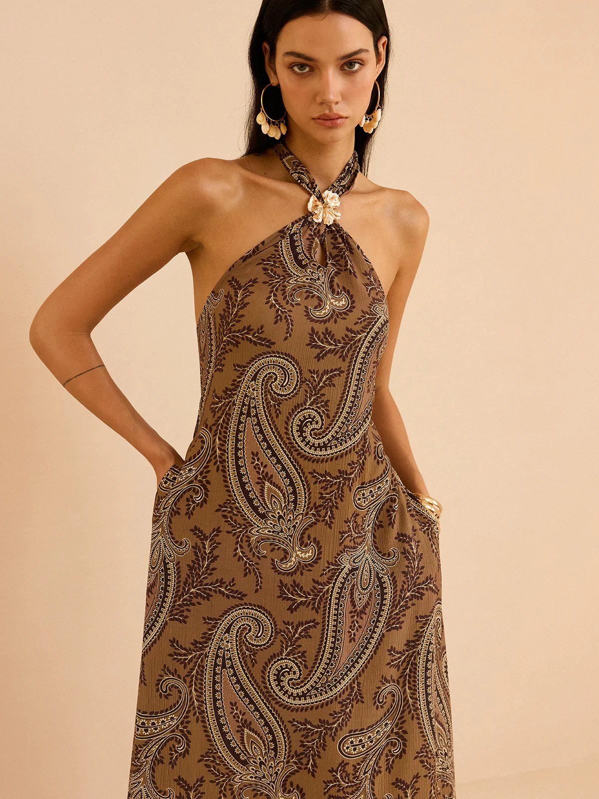 Paisley Print Halter Backless Maxi Dress - Wholesalesil