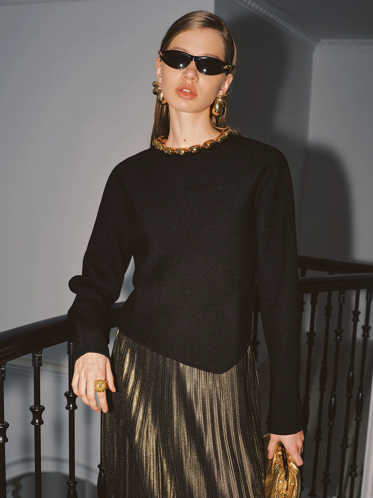 Ball Detail Neckline Long-Sleeve Sweater - Wholesalesil