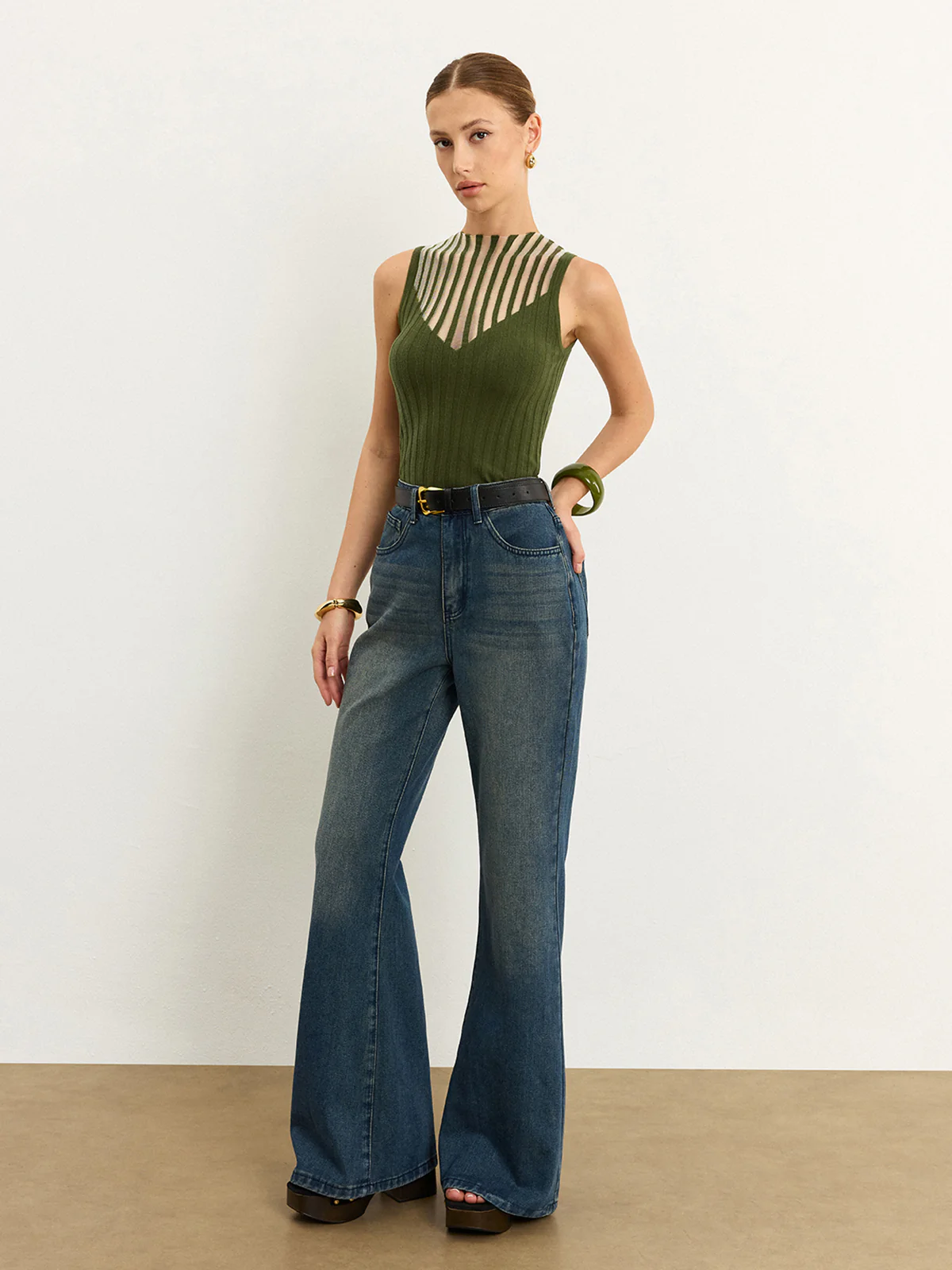 Sleeveless Top with Striped Sheer Detail - Wholesalesil