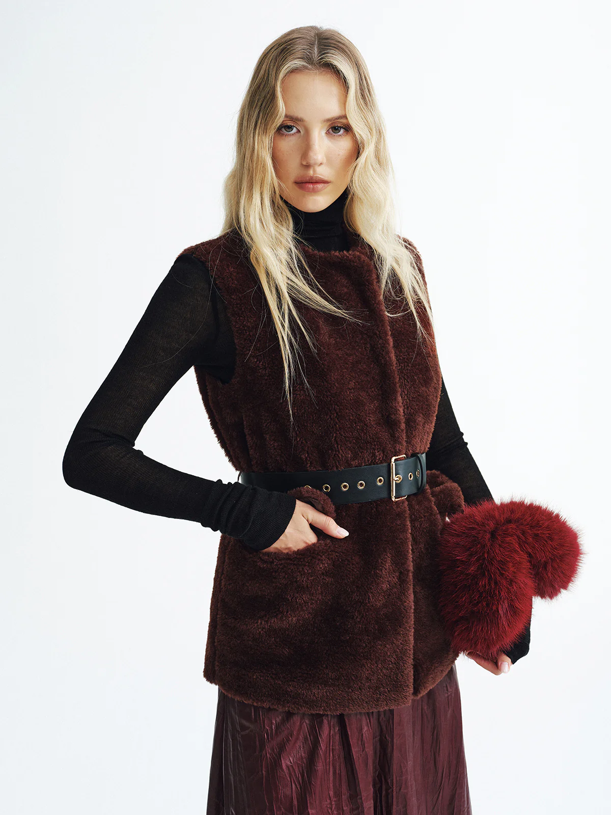 Faux Fur Belted Vest - Wholesalesil