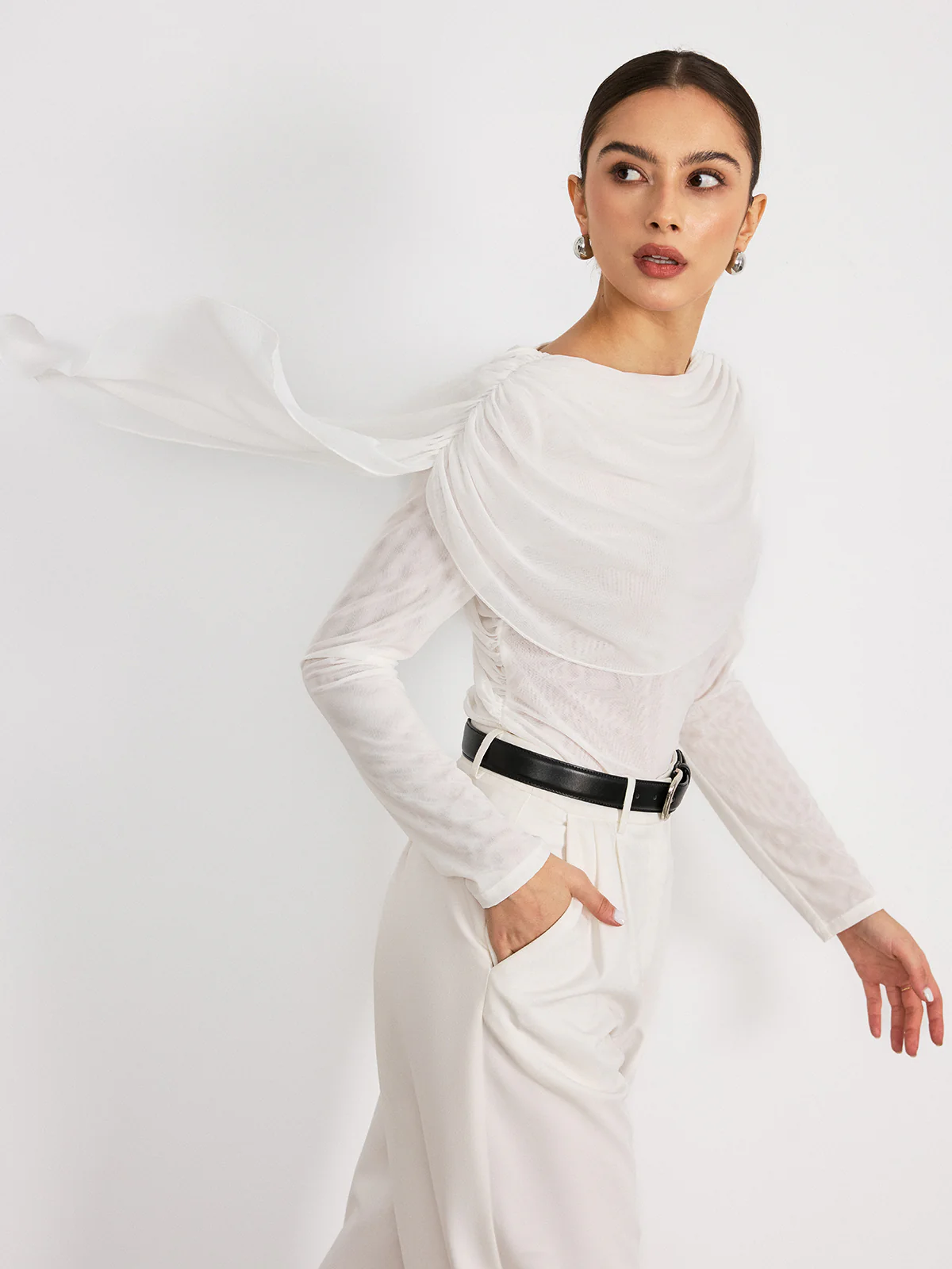 Draped Mesh Long Sleeve Blouse - Wholesalesil