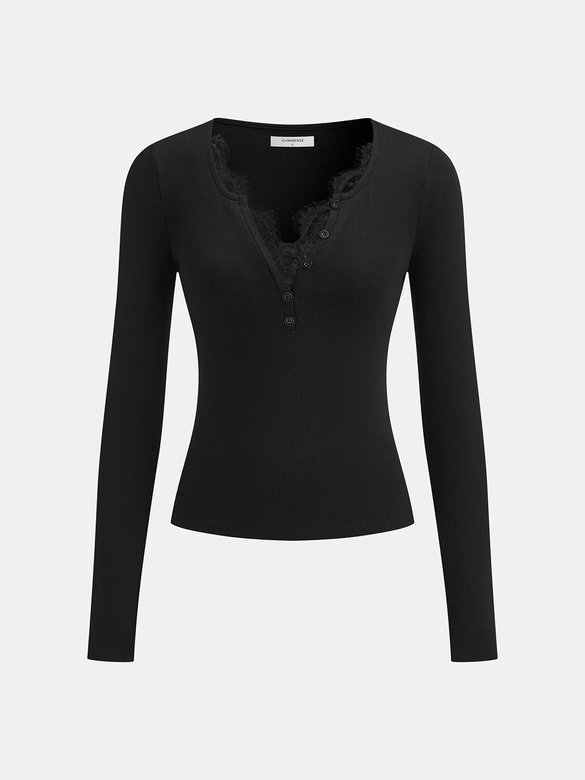 Lace V-Neck Button Ribbed Long Sleeve Top - Wholesalesil
