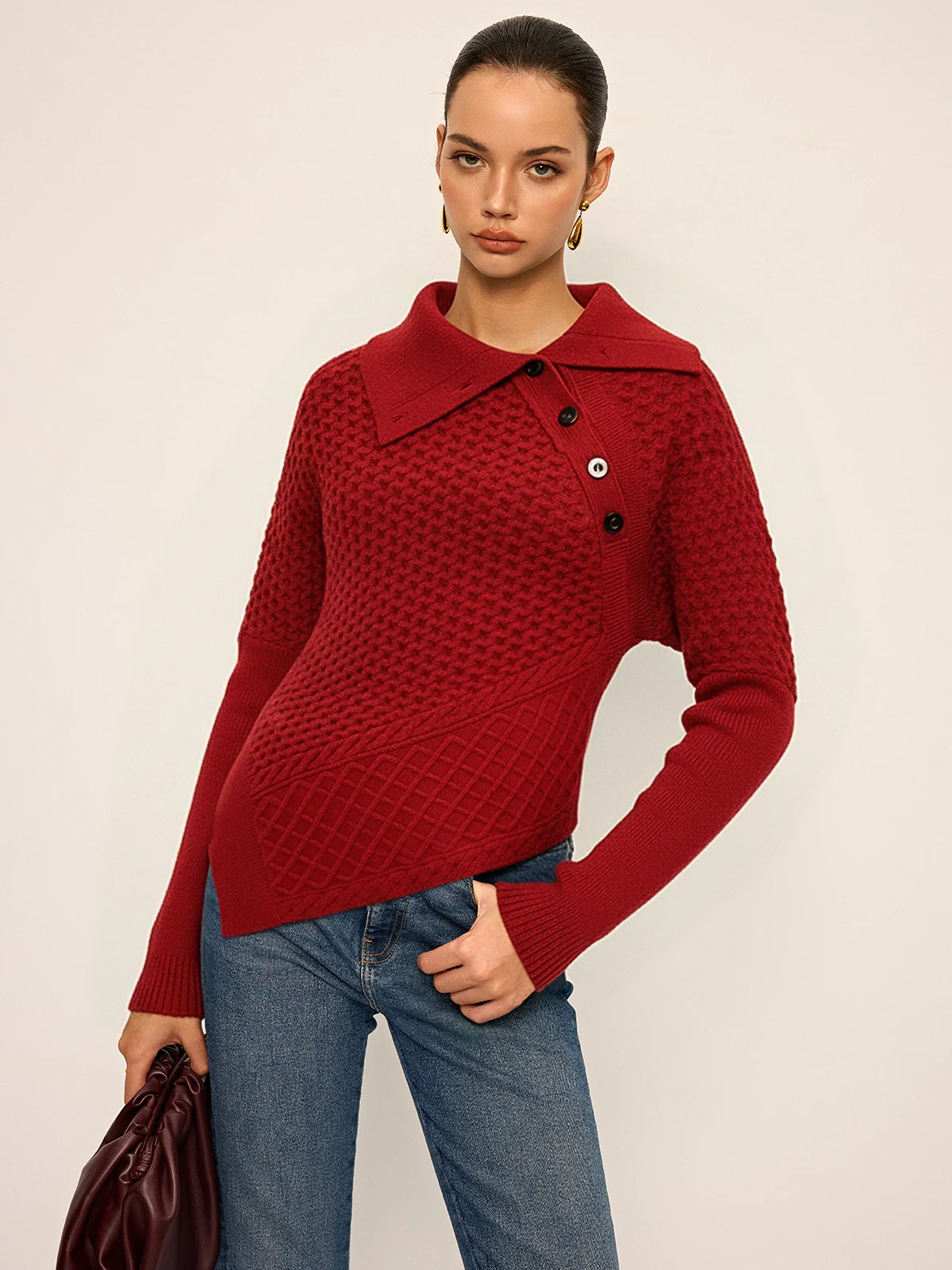 Asymmetric Textured Knit Polo Sweater - Wholesalesil