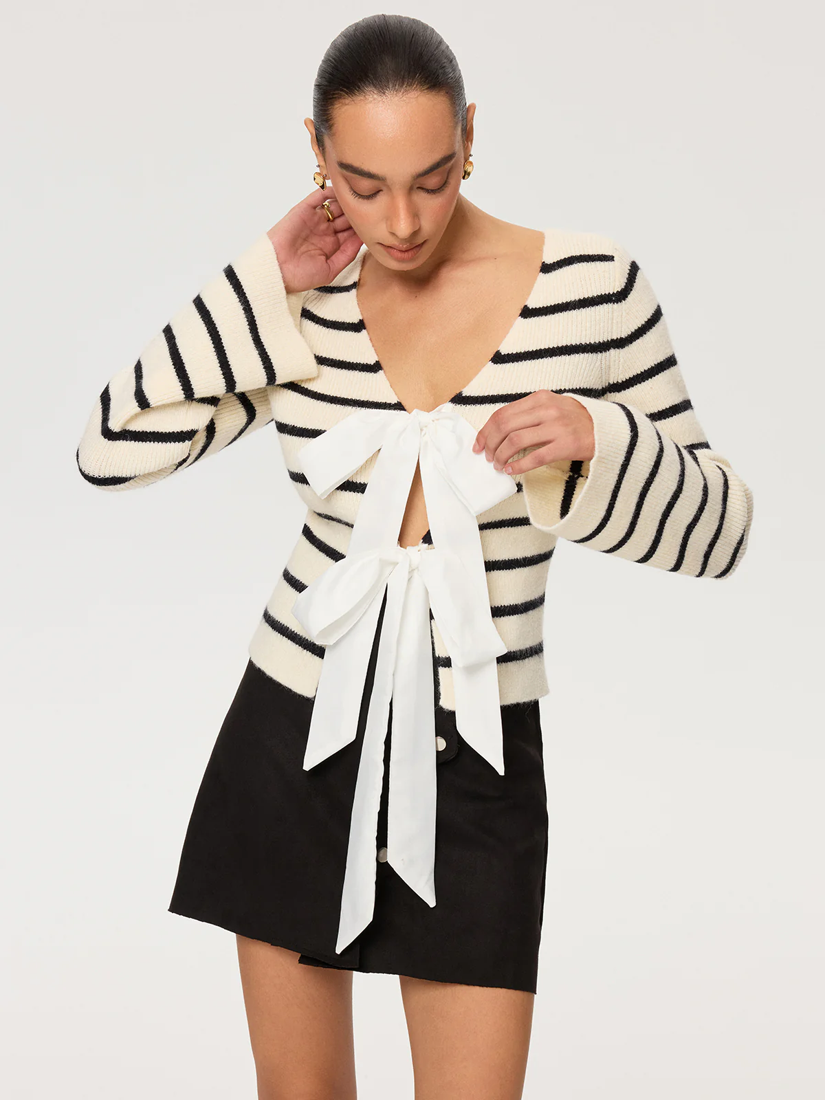 Reversible Striped Bow Cardigan - Wholesalesil