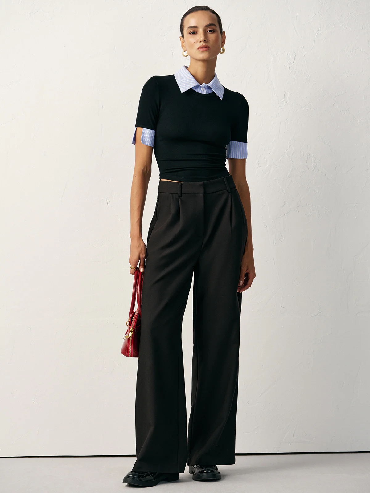 2 in 1 Paneled Collar And Cuffs Fitted T-Shirt - Wholesalesil