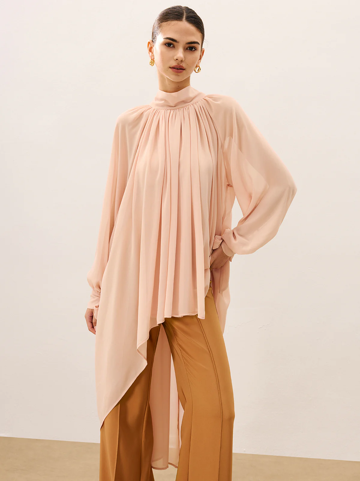 Ruffled Oversized Semi-Sheer Chiffon Blouse - Wholesalesil
