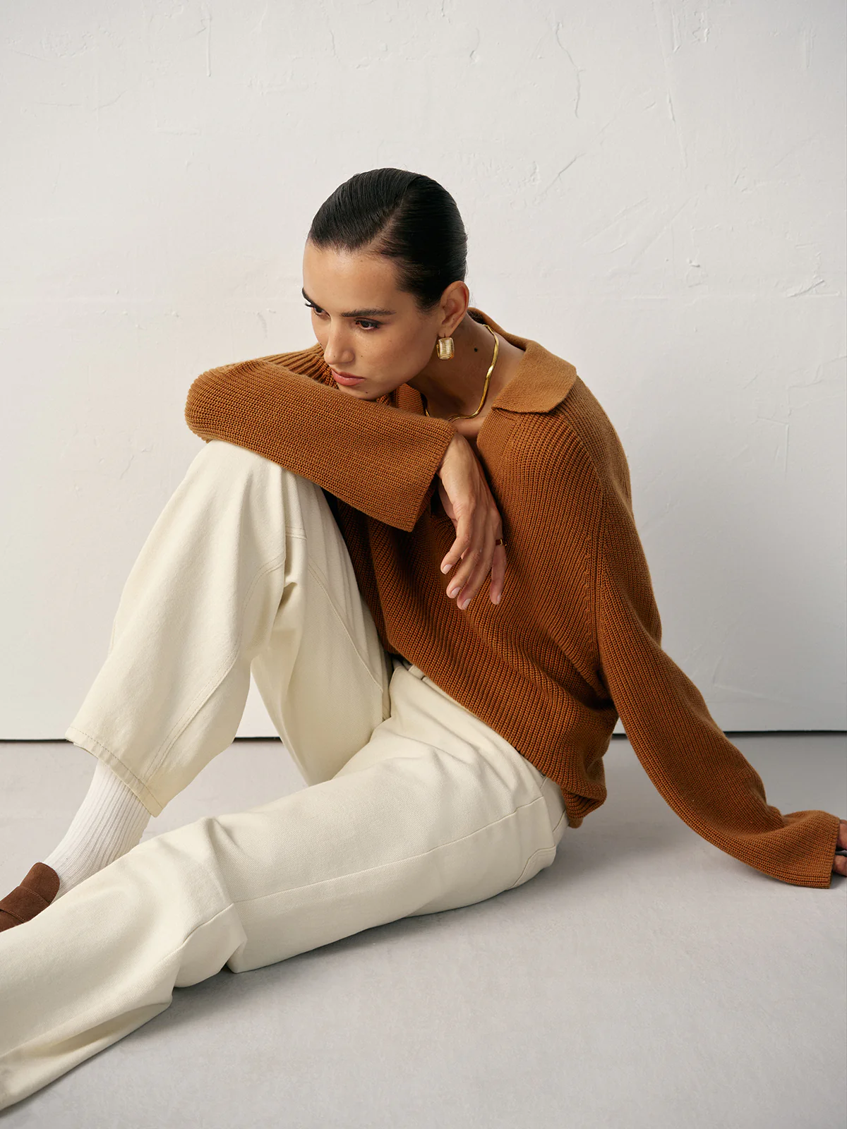 Wool Blend Polo Collar V-Neck Sweater - Wholesalesil