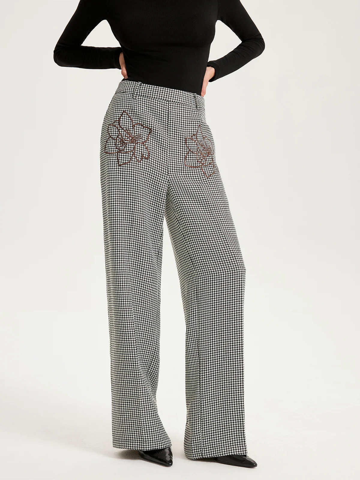 Houndstooth Embroidered Straight-Leg Pants - Wholesalesil