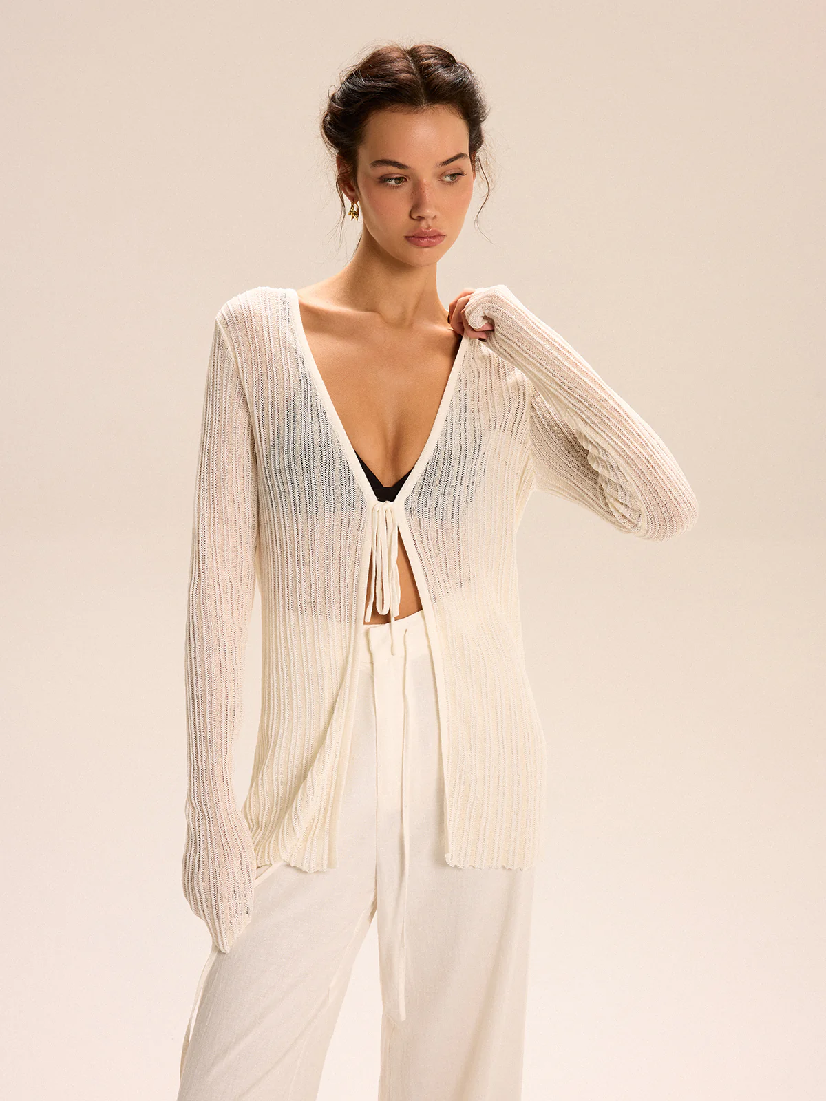 Sheer Ribbed Knit Cardigan With Tie-Front - Wholesalesil