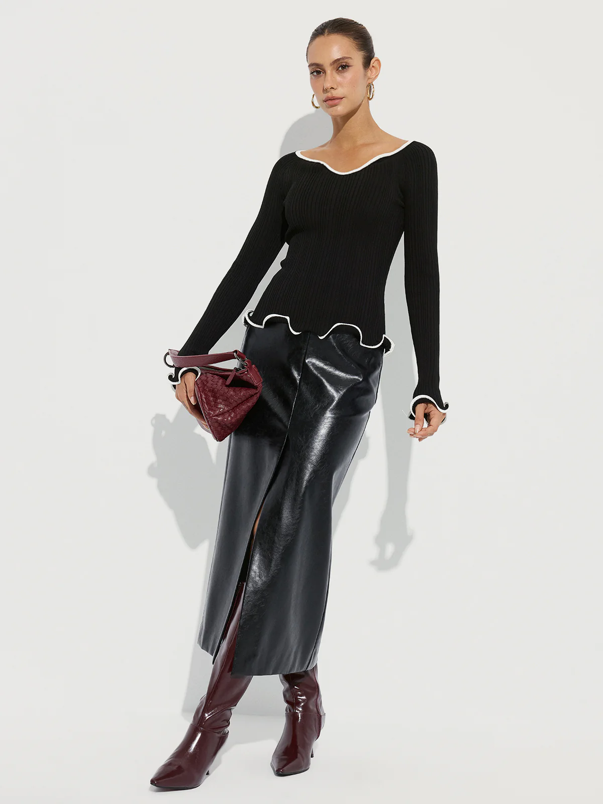 Contrast Ruffle Trim Ribbed Knit Top - Wholesalesil